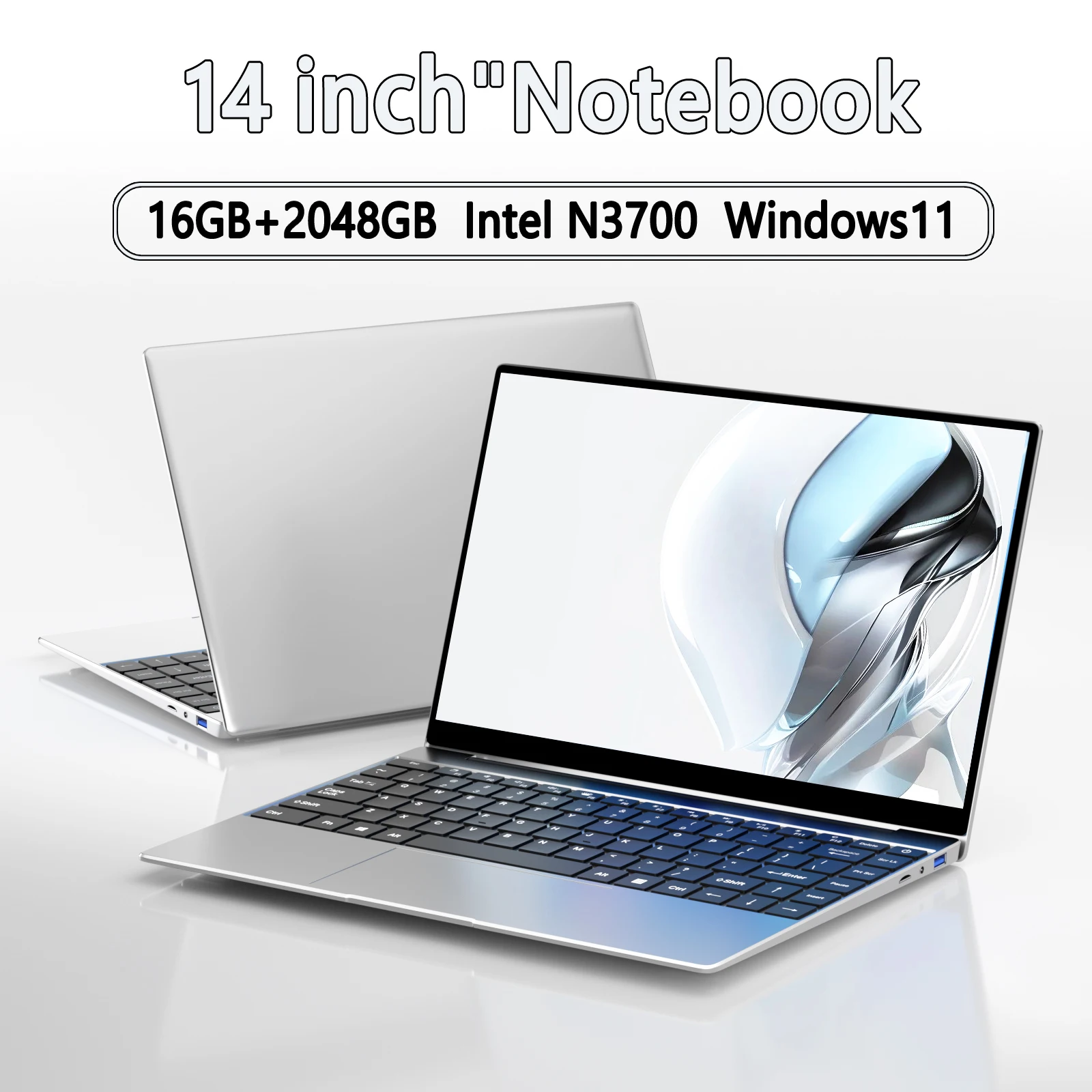 14.1"Ultra Slim Laptop Intel N3700 16GB RAM 2TB SSD Notebook Gamer 1920*1080 Display Office Study Computer PC Windows 11 Pro
