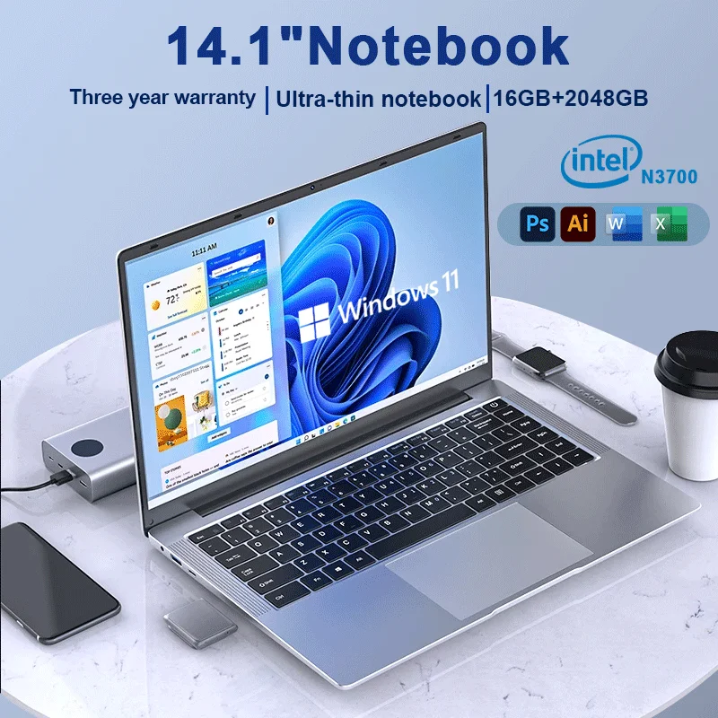 New 14.1" Ultra Slim Laptop 16GB RAM 2TB SSD Intel N3700 Notebook Gamer 1920*1080 Display Office Study Computer PC Windows 11